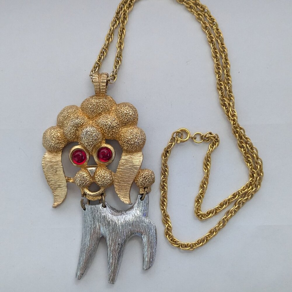 Vtg. OGA Gold Silver Tone Cabochon Eyes Articulated Dog Poodle Pendant Necklace